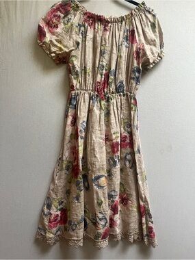 Elena Baldi Linen Floral Peasant Dress Cottagecore Lace Hem Size S